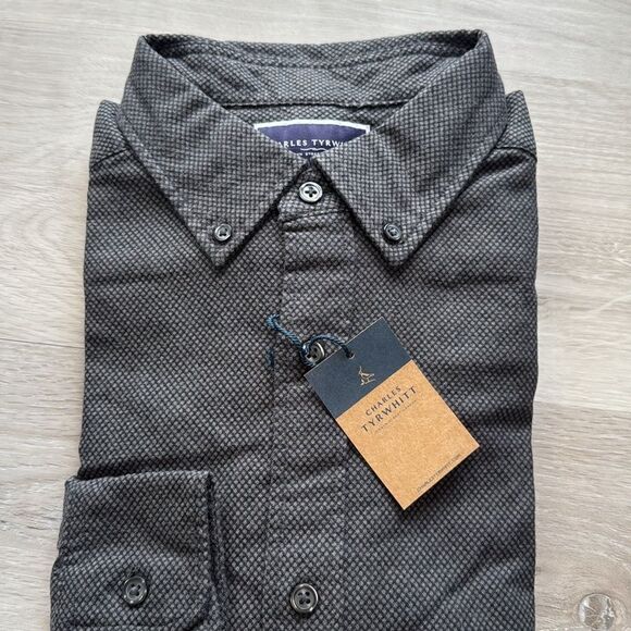 Charles Tyrwhitt Dobby Flannel Shirt Charcoal Grey Classic Fit Shirt Large Nwt - Picture 4 of 6